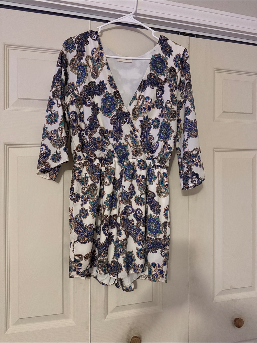 Everly White Paisley Print Romper with Blue and Brown Accents